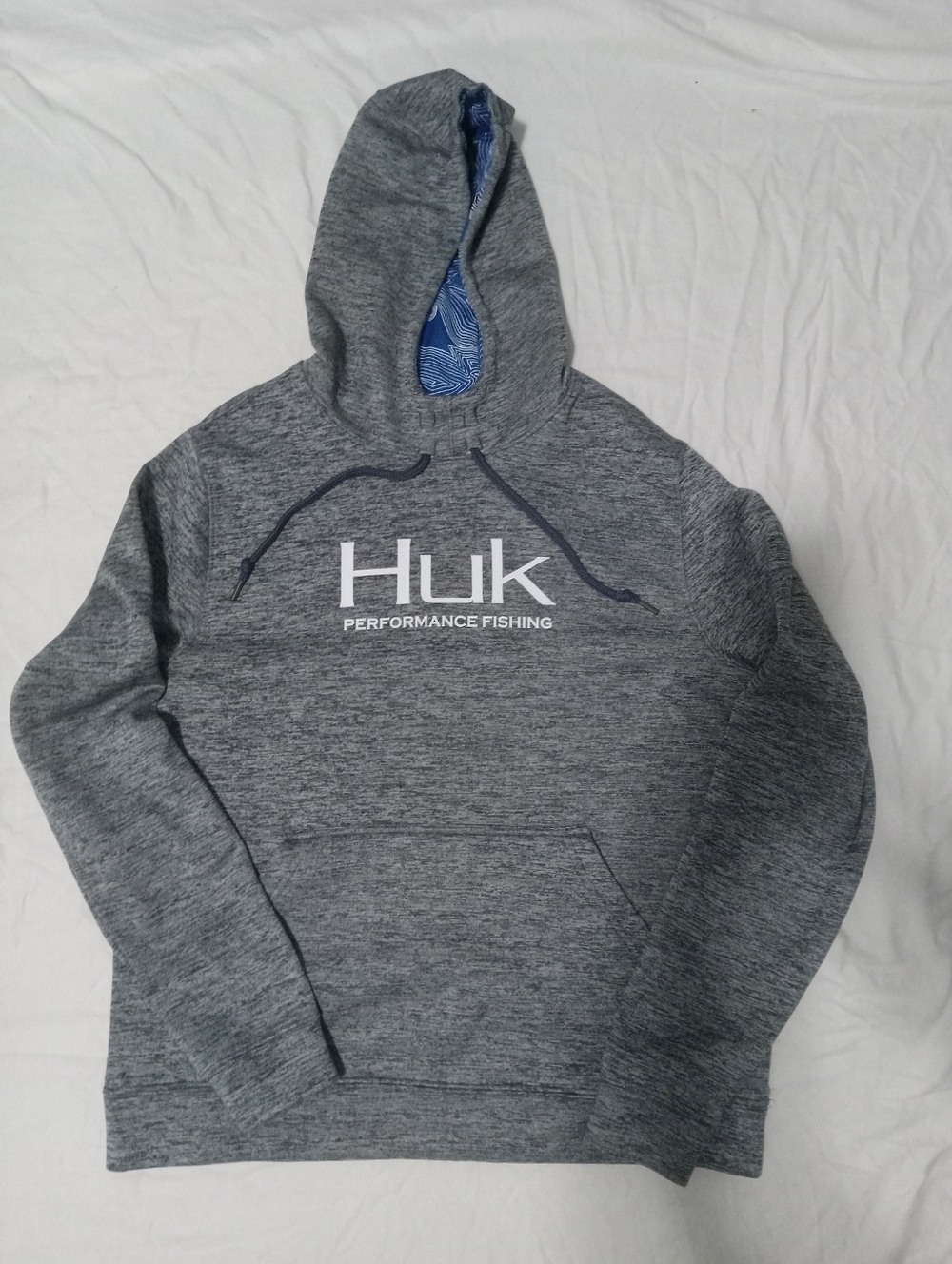 Huk Gray Performance Fishing Hoodie with Blue Lined Hood